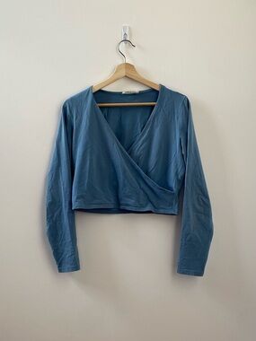 Dusty Blue Wrap Front Long-Sleeve Crop Top